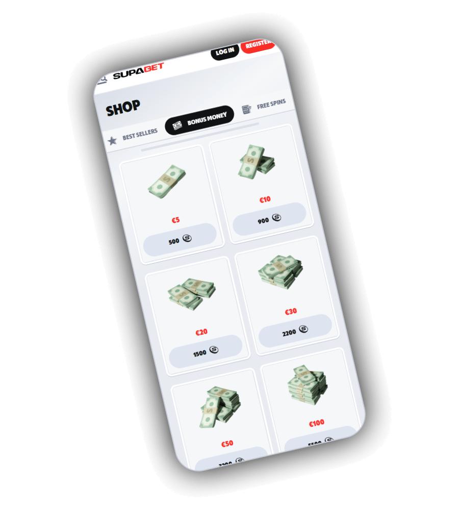 SupaBet Shop på en mobil med fanene Best Sellers, Bonus Money og Free Spins og kort med bonuspenger: 50 kr for 500 mynter, 100 kr for 900, 200 kr for 1 500 og 300 kr for 2 200
