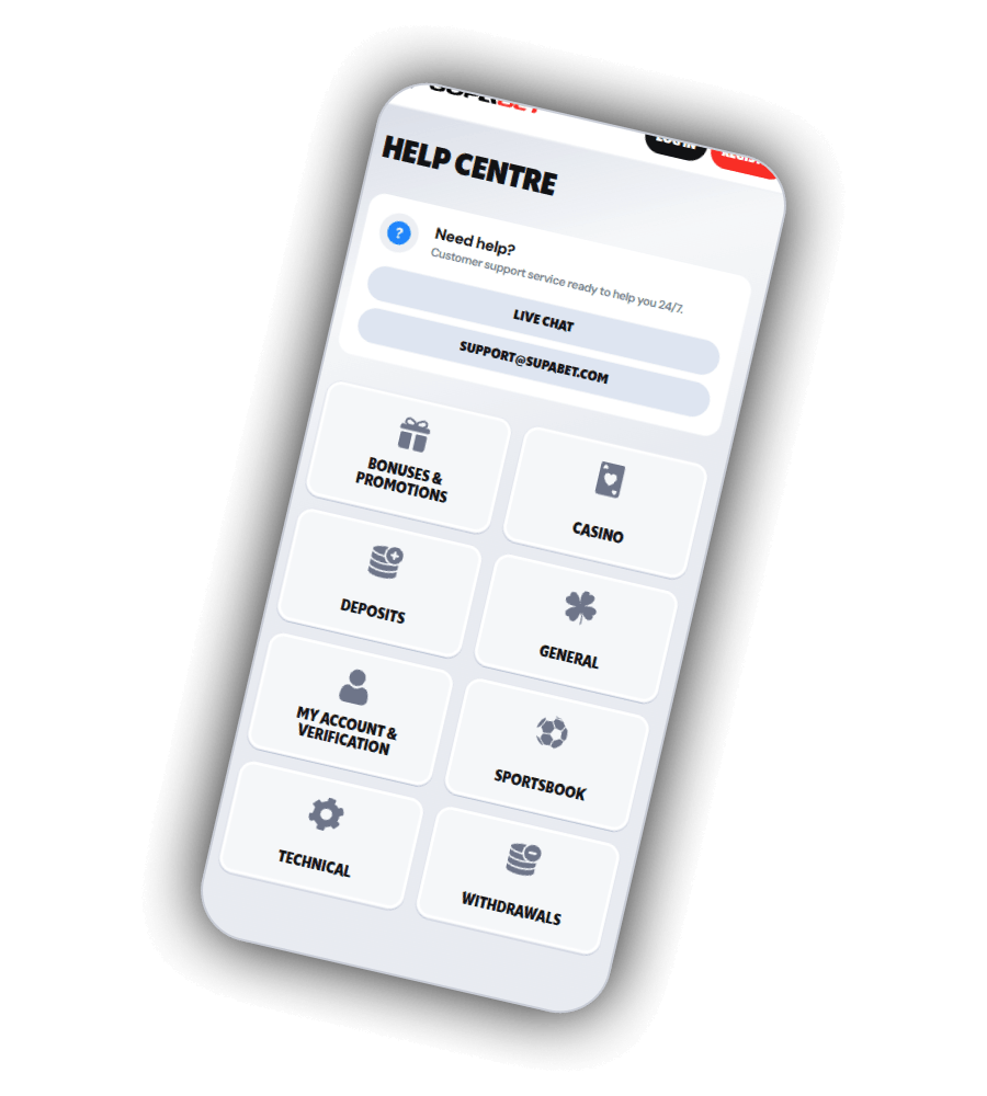 SupaBet Help Centre med boksen Need help, knappene Live Chat og support@supabet.com og 8 emnefliser fra Bonuses and Promotions til Withdrawals