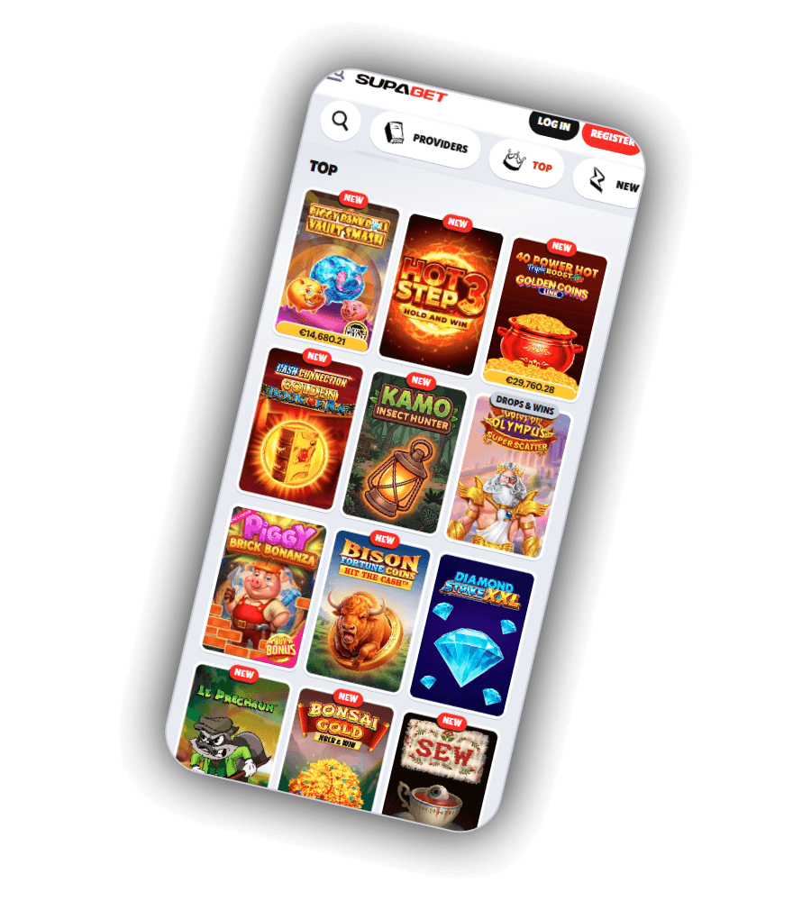 SupaBet kasinolobby på en mobil med søk, knappene Providers, Top og New og en Top-rad med covere av spilleautomater med New-merker og jackpotverdier