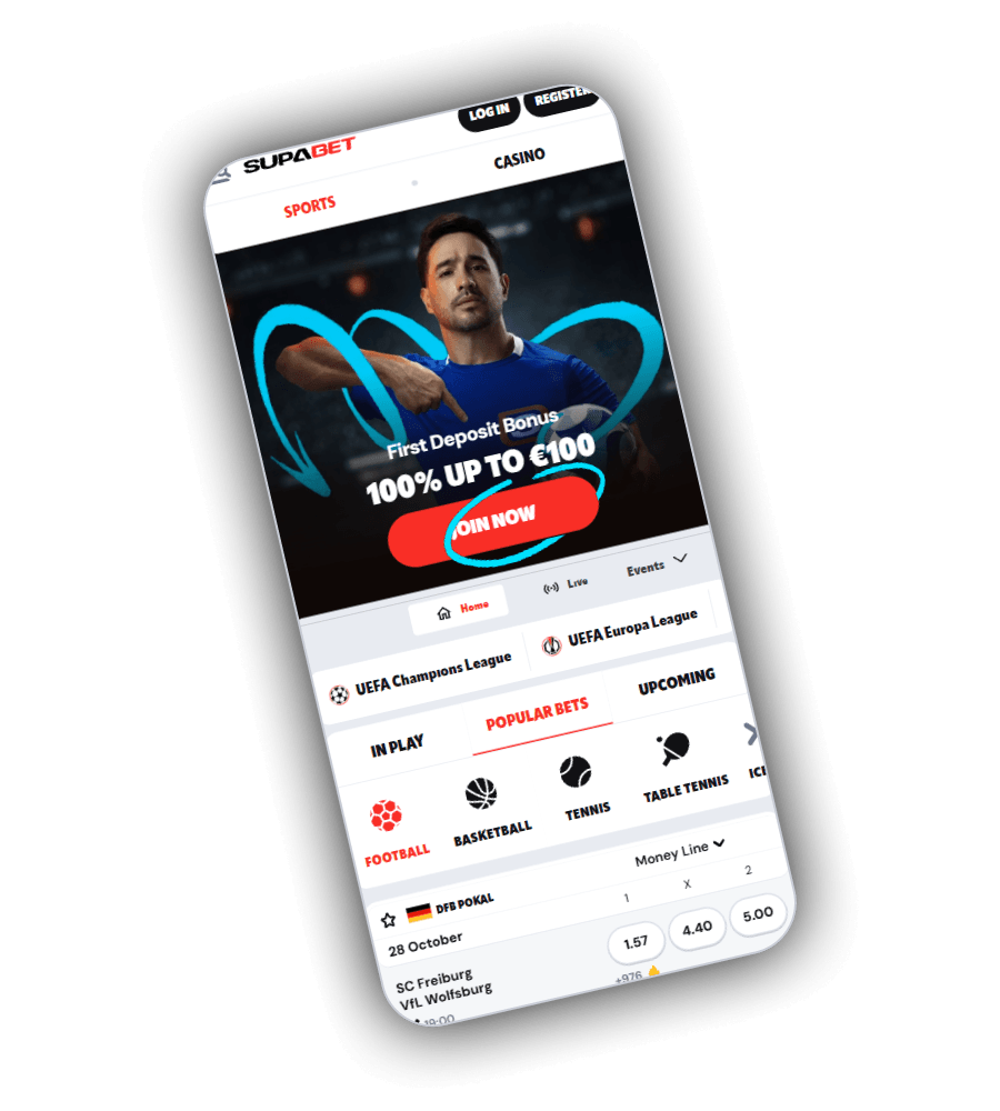 SupaBet sportsbook på en mobil med banneret for First Deposit Bonus på 100% opp til 1 000 kr, snarveier til Champions League og Europa League og odds på DFB Pokal