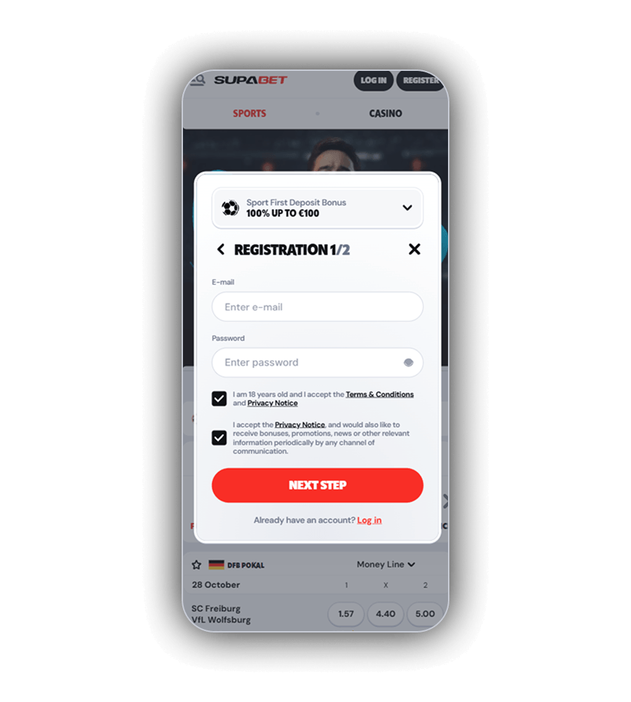 SupaBet-vinduet Registration 1 of 2 med valg av Sport First Deposit Bonus, felt for e-post og passord, avkrysningsboksen for 18+ og vilkår og knappen Next Step