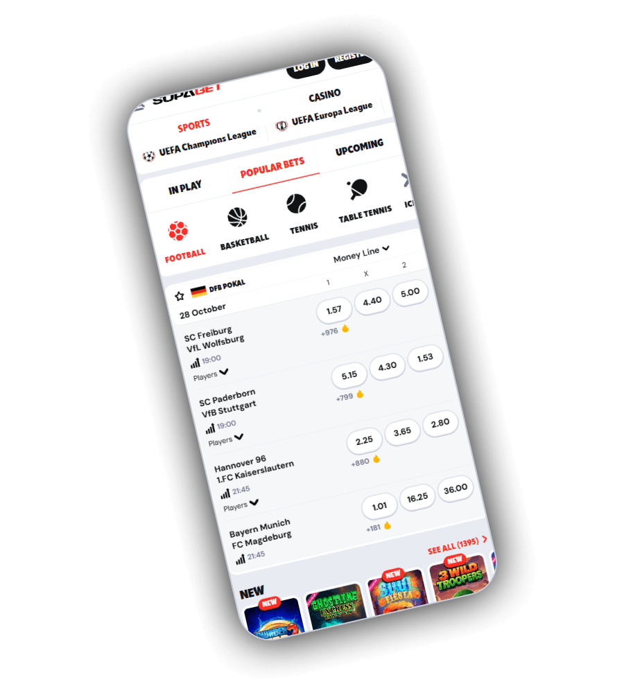 SupaBet sportsbook med fanene In Play, Popular Bets og Upcoming, ikoner for fotball, basketball, tennis og bordtennis og kamper i DFB Pokal med moneyline-odds