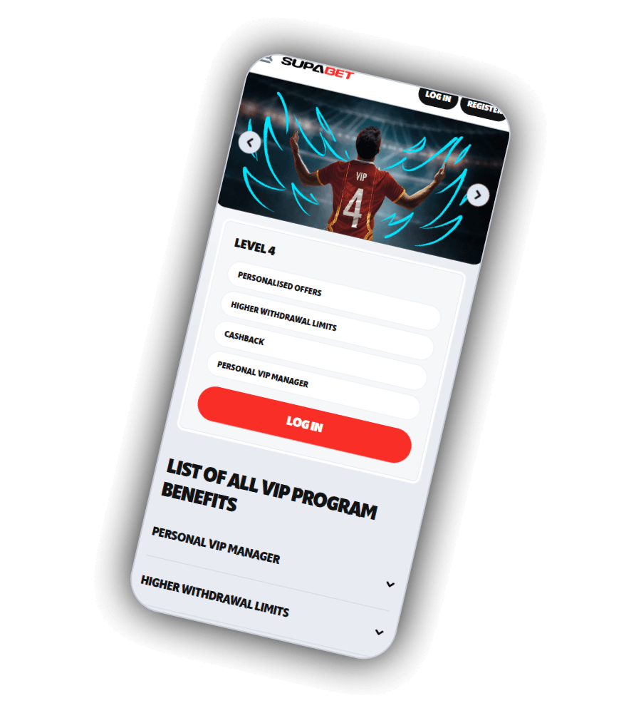 SupaBet VIP-side som viser nivå 4 med personlige tilbud, høyere uttaksgrenser, cashback og en personlig VIP-manager, over listen med alle fordelene i VIP-programmet